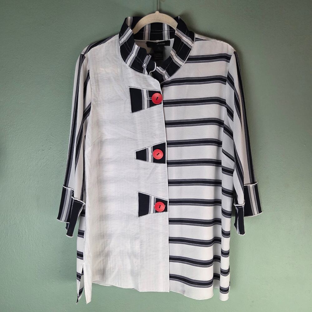 Ali Miles Striped Tunic Womens XL Black White Colorblock Mock Neck Artsy Top